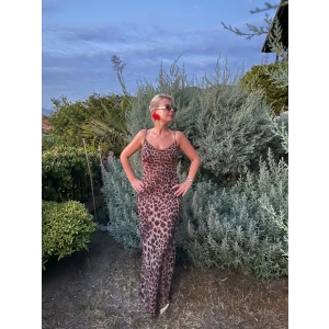 Leoparlı Tül Uzun Elbise