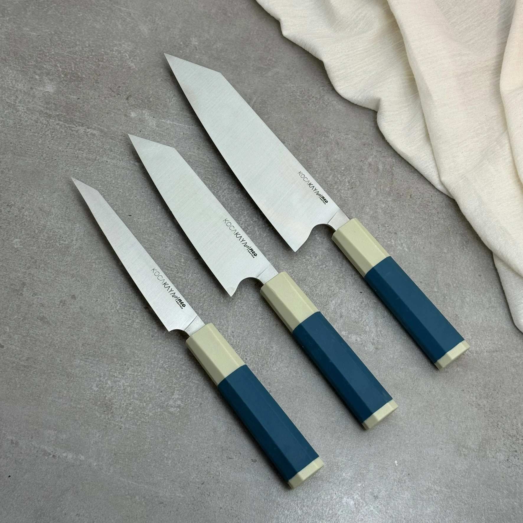 Neo Serisi Sekizgen Kaymaz Fibrox Saplı 3lü Bıçak Seti (205mm, 165mm, 160mm) - Kocakaya El Yapımı Bıçaklar