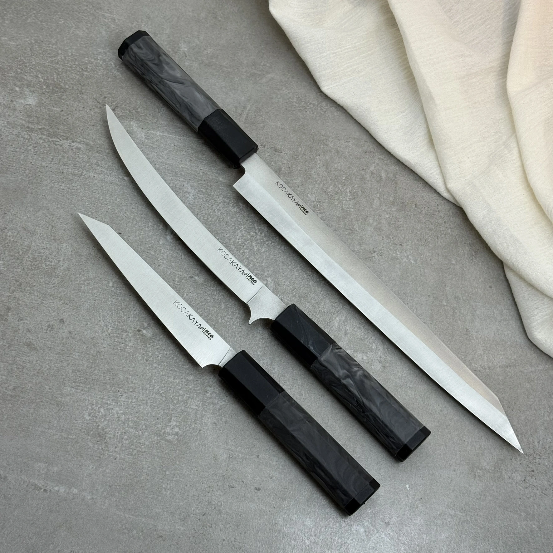Neo Serisi Sekizgen Kaymaz Fibrox Saplı 3lü Bıçak Seti (285mm, 210mm, 160mm) - Kocakaya El Yapımı Bıçaklar