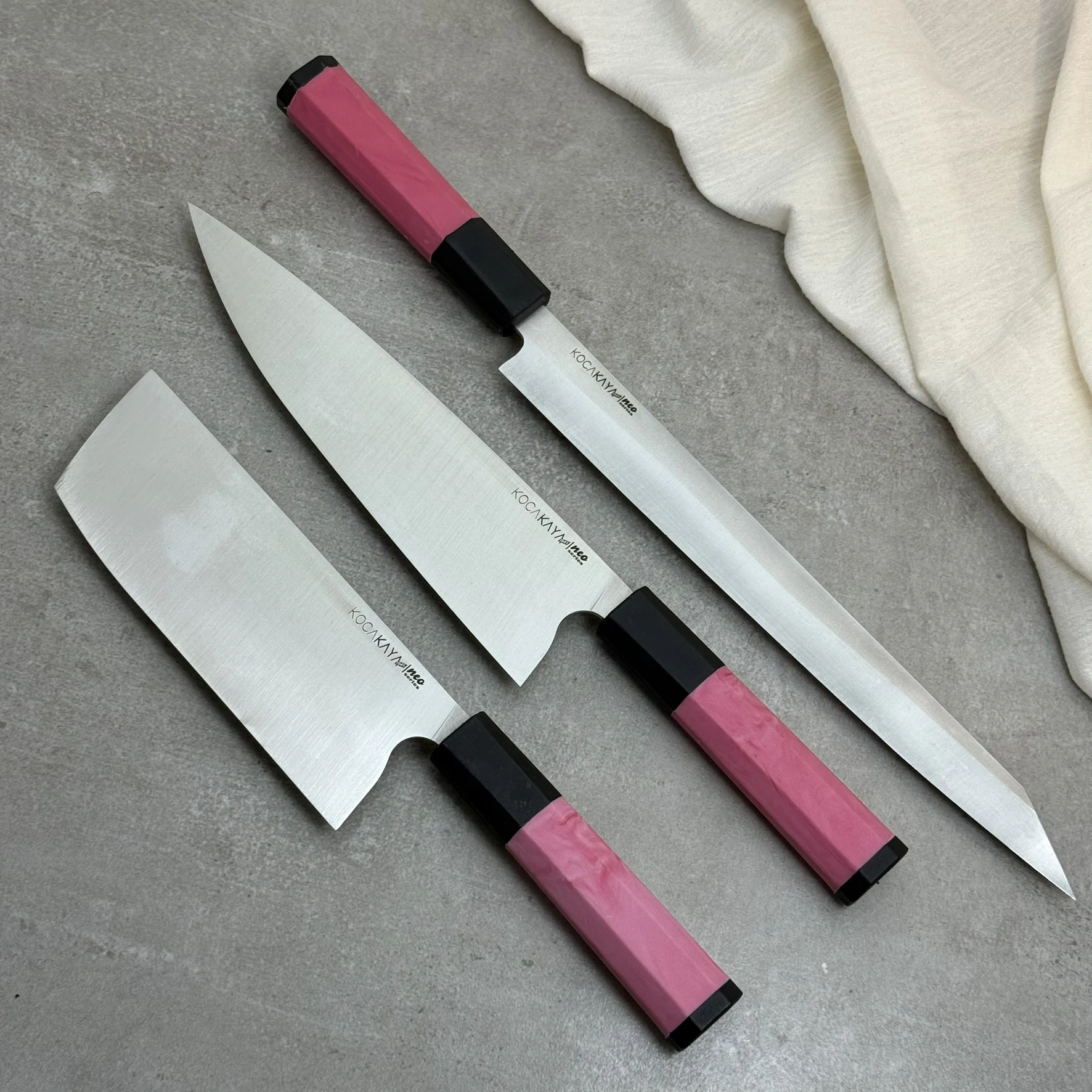 Neo Serisi Sekizgen Kaymaz Fibrox Saplı 3lü Bıçak Seti (285mm, 205mm, 180mm) - Kocakaya El Yapımı Bıçaklar