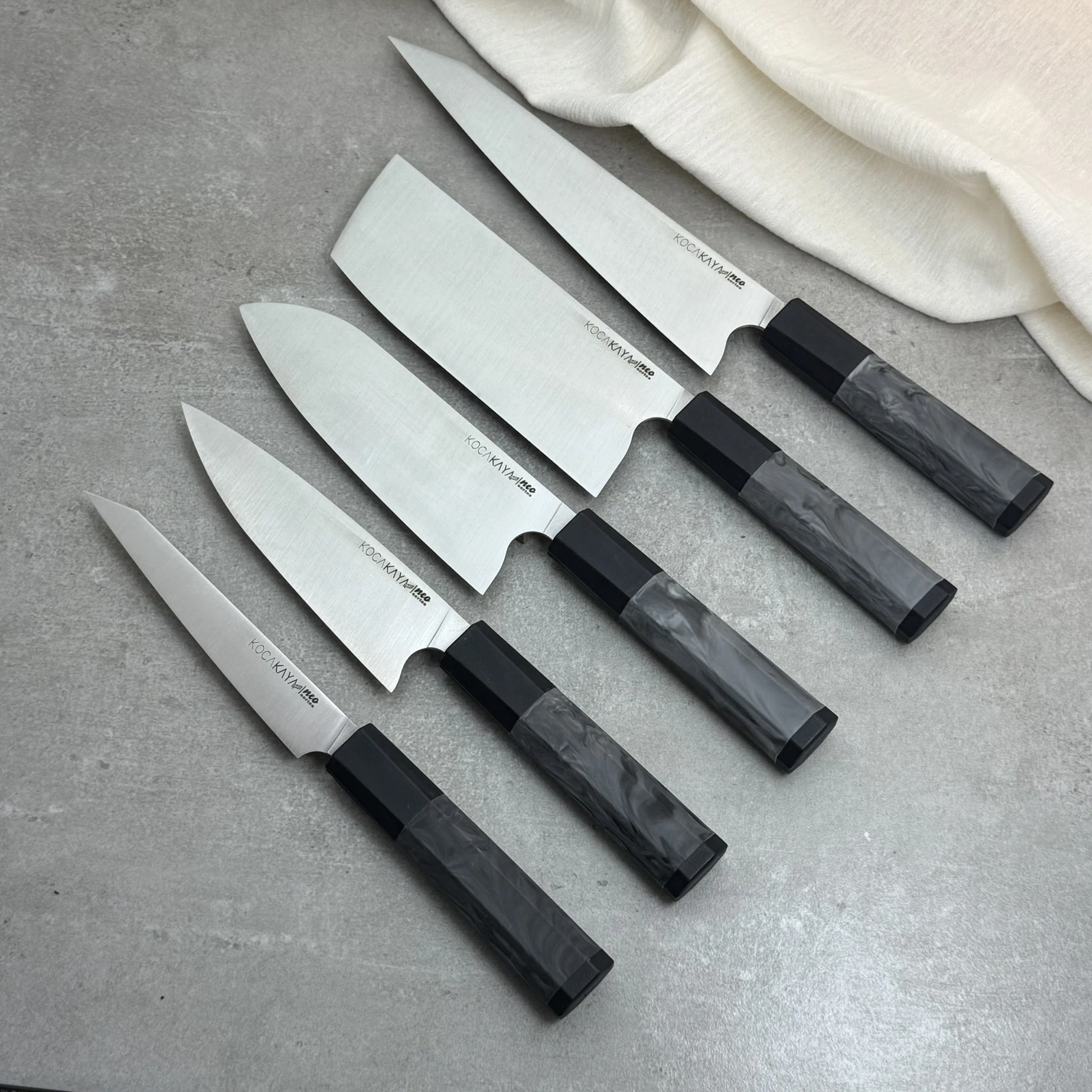 Neo Serisi Sekizgen Kaymaz Fibrox Saplı 5li Bıçak Seti (225mm, 180mm, 180mm, 165mm, 160mm) - Kocakaya El Yapımı Bıçaklar