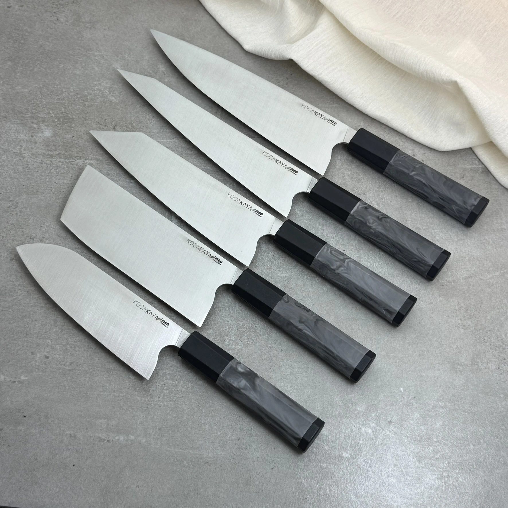 Neo Serisi Sekizgen Kaymaz Fibrox Saplı 5li Bıçak Seti (230mm, 225mm, 205mm, 180mm, 180mm) - Kocakaya El Yapımı Bıçaklar