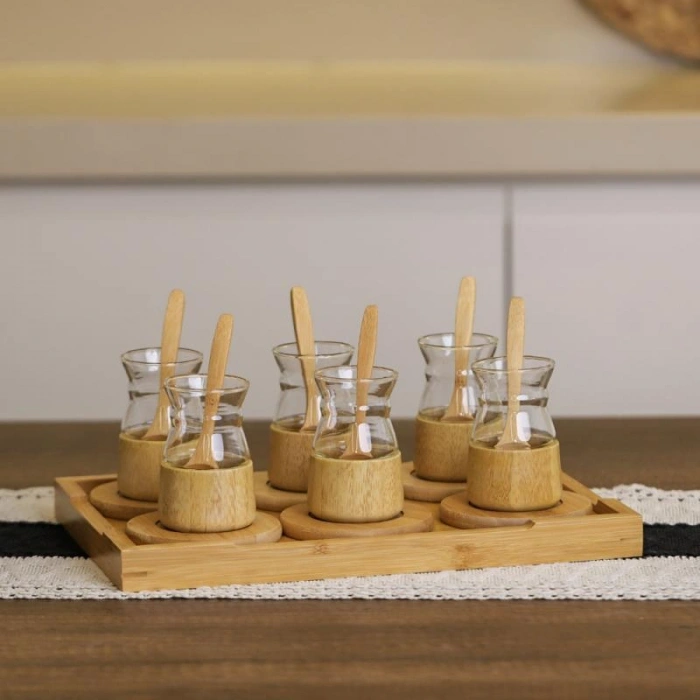 18 Parça Bambu Çay Seti - 6 Çay Bardağı - Borosilikat Cam