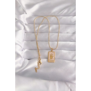 316L Çelik Gold Renk Pembe Mineli El Figür Tarot Kolye TJ-BKO9031