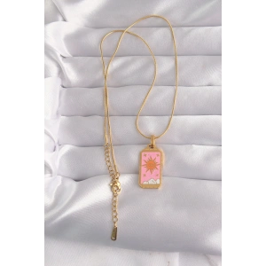 316L Çelik Gold Renk Pembe Mineli Güneş Model Tarot Kolye TJ-BKO9029