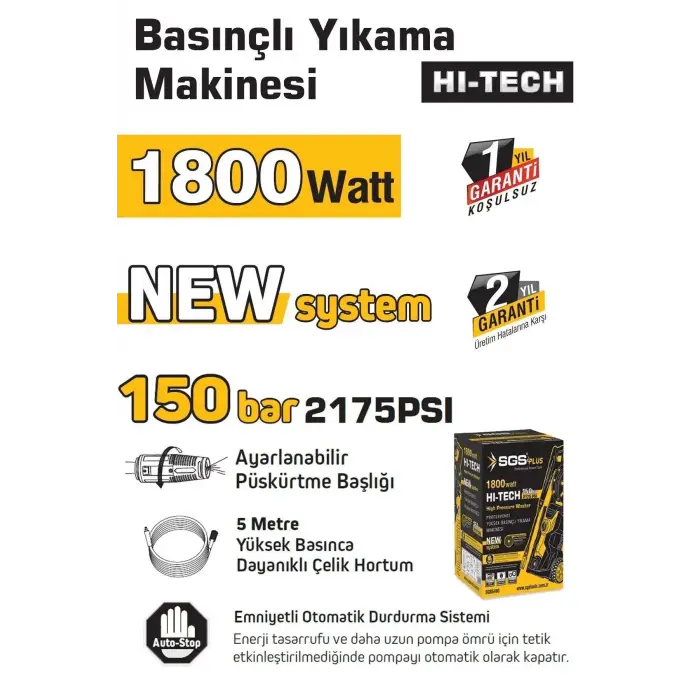 SGS 5400 150 BAR Yüksek Basınçlı Yıkama Makinesi 1800 Watt