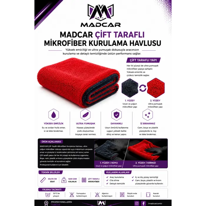 MadCar Twisted Kurulama Havlusu – 50x70 cm | 1200 GSM | Çift Taraflı