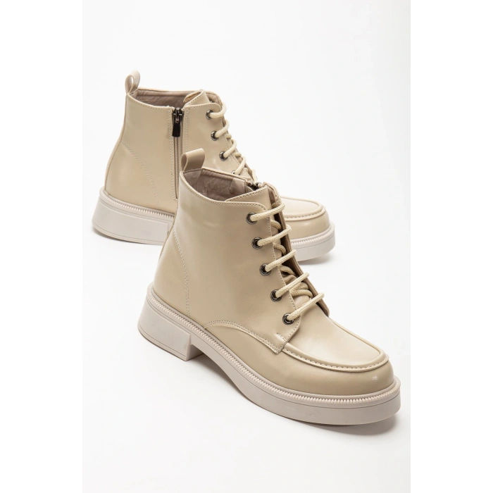 02-2001 Bej Kırışık Rugan Bağcıklı Fermuarlı Günlük Kadın Bot