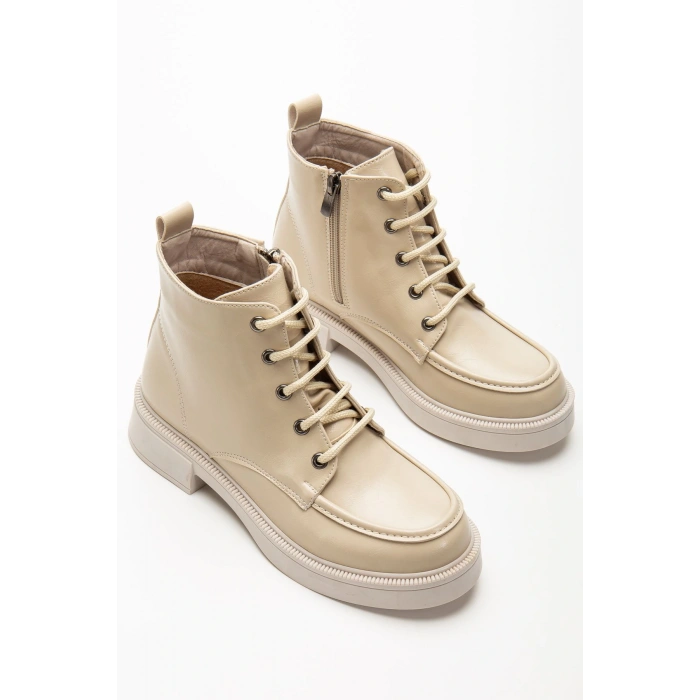 02-2001 Bej Kırışık Rugan Bağcıklı Fermuarlı Günlük Kadın Bot