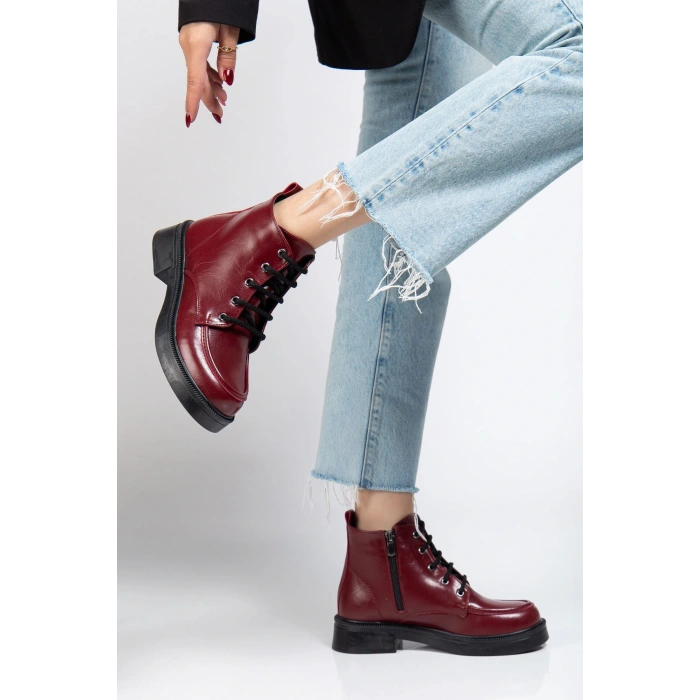 02-2001 Bordo Kırışık Rugan Bağcıklı Fermuarlı Günlük Kadın Bot