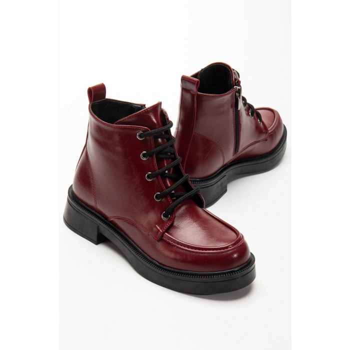 02-2001 Bordo Kırışık Rugan Bağcıklı Fermuarlı Günlük Kadın Bot