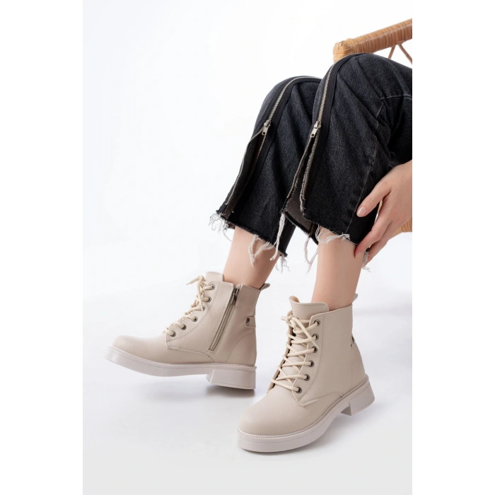 02-2003 Bej Galata Bağcıklı Fermuarlı Günlük Kadın Bot