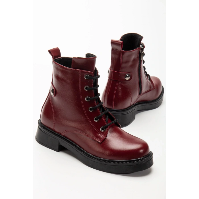 02-2003 Bordo Kırışık Rugan Bağcıklı Fermuarlı Günlük Kadın Bot