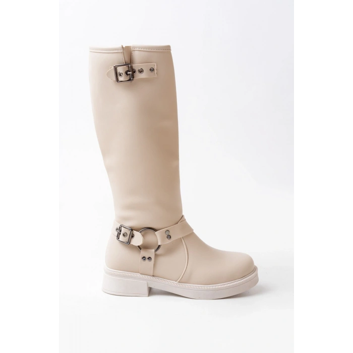02-312 Bej Toka Aksesuarlı Fermuarlı Günlük Kadın Çizme