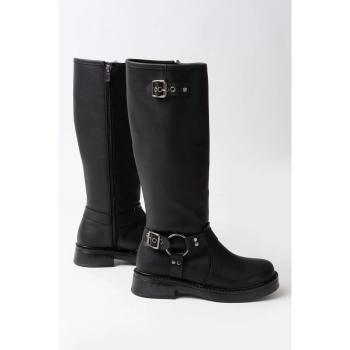 02-312 Siyah Toka Aksesuarlı Fermuarlı Günlük Kadın Çizme