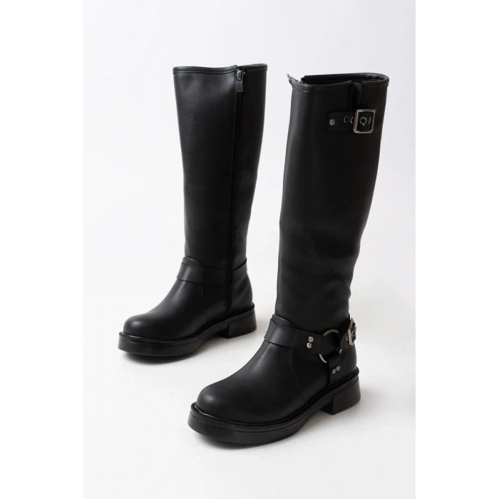 02-312 Siyah Toka Aksesuarlı Fermuarlı Günlük Kadın Çizme