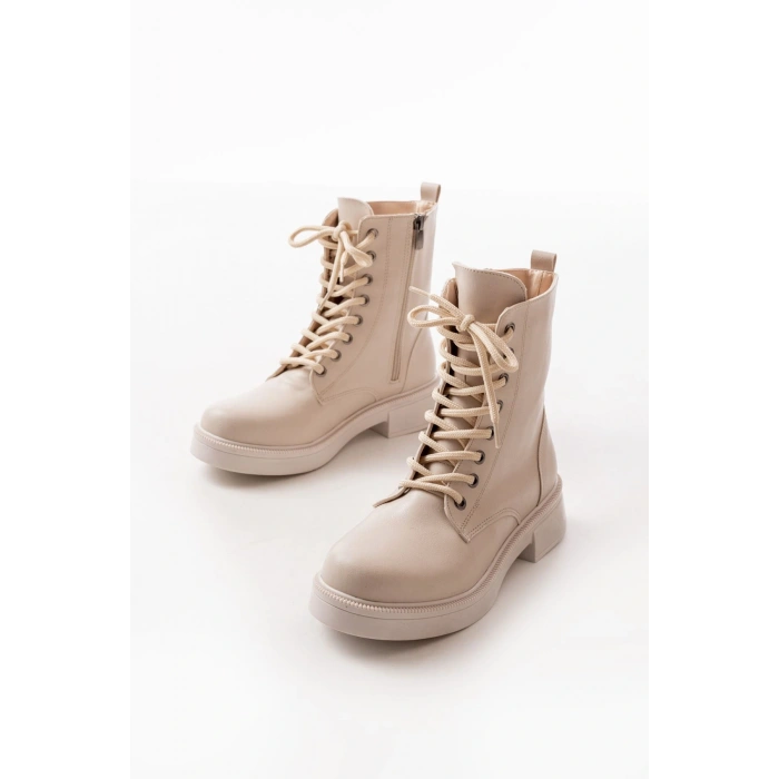 02-356 Bej Düz Topuklu Bağcıklı Fermuarlı Günlük Kadın Bot