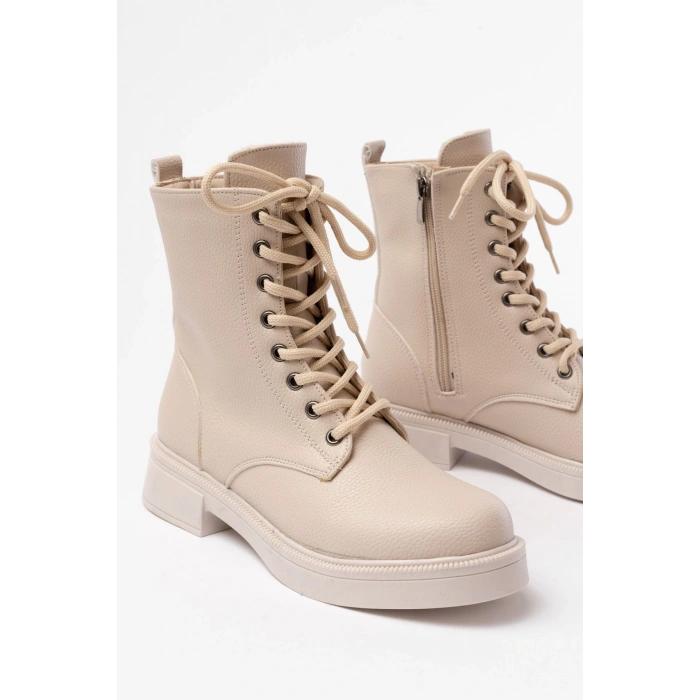 02-356 Bej Galata Düz Topuklu Bağcıklı Fermuarlı Günlük Kadın Bot