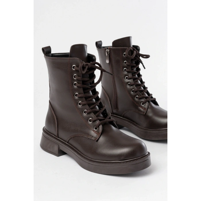 02-356 Kahve Düz Topuklu Bağcıklı Fermuarlı Günlük Kadın Bot