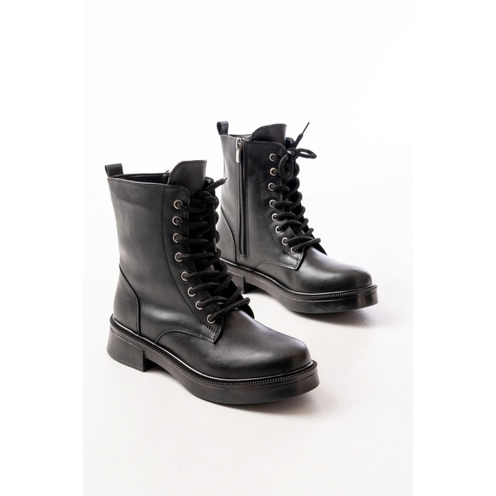 02-356 Siyah Düz Topuklu Bağcıklı Fermuarlı Günlük Kadın Bot