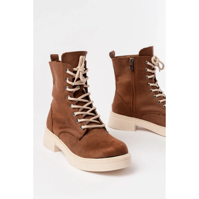 02-356 Taba Süet Düz Topuklu Bağcıklı Fermuarlı Günlük Kadın Bot