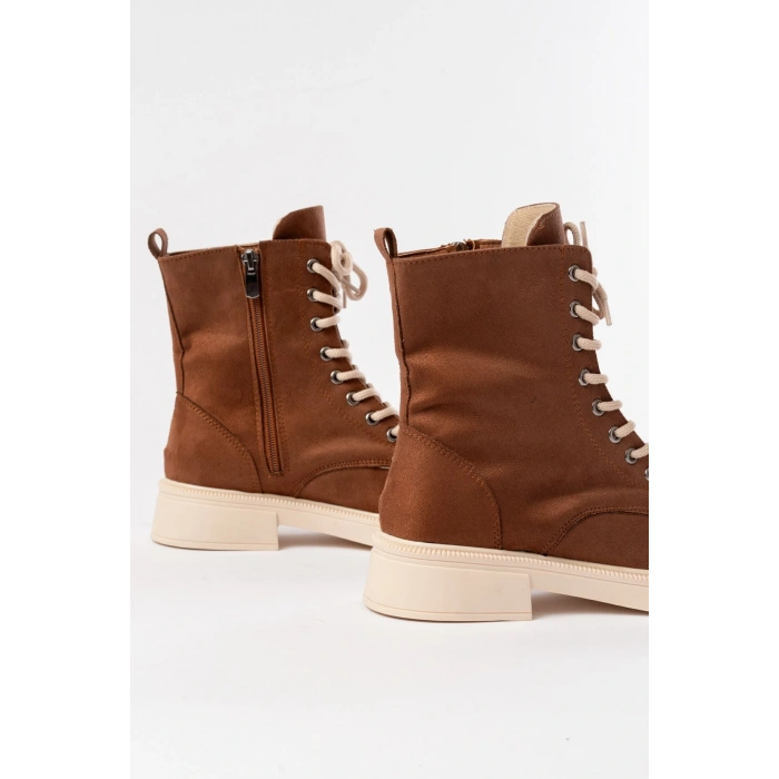 02-356 Taba Süet Düz Topuklu Bağcıklı Fermuarlı Günlük Kadın Bot