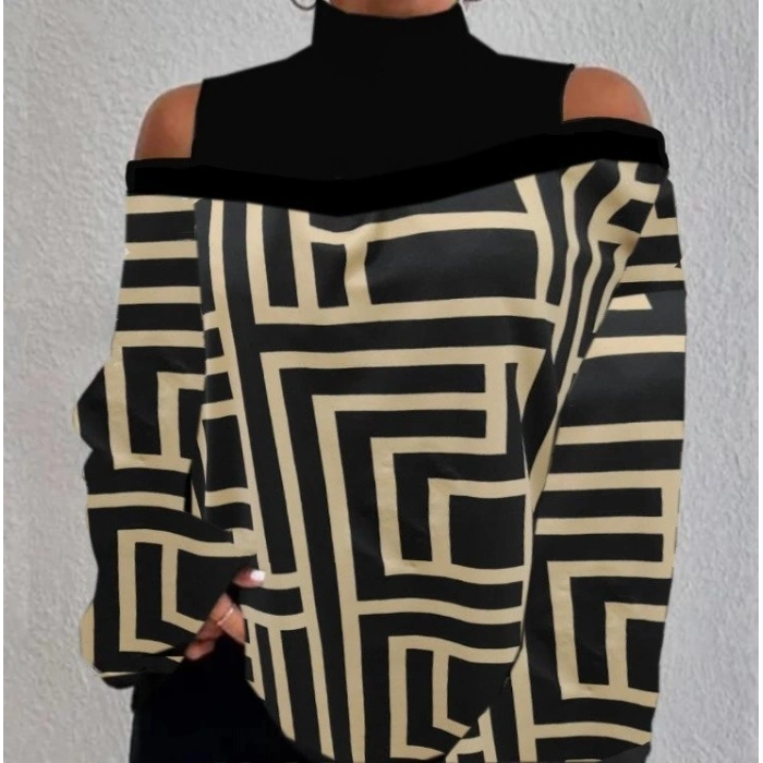 0Kadın Uzun Kollu Balıkçı Yaka Omuz Pencereli Labirent Dijital Baskılı şardonlu Dalgıçsalaş Bluz