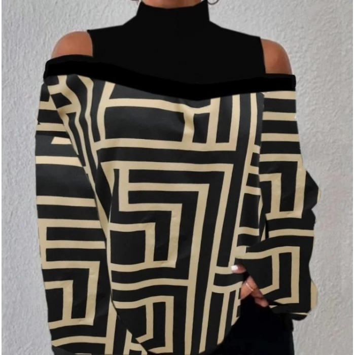 0Kadın Uzun Kollu Balıkçı Yaka Omuz Pencereli Labirent Dijital Baskılı şardonlu Dalgıçsalaş Bluz