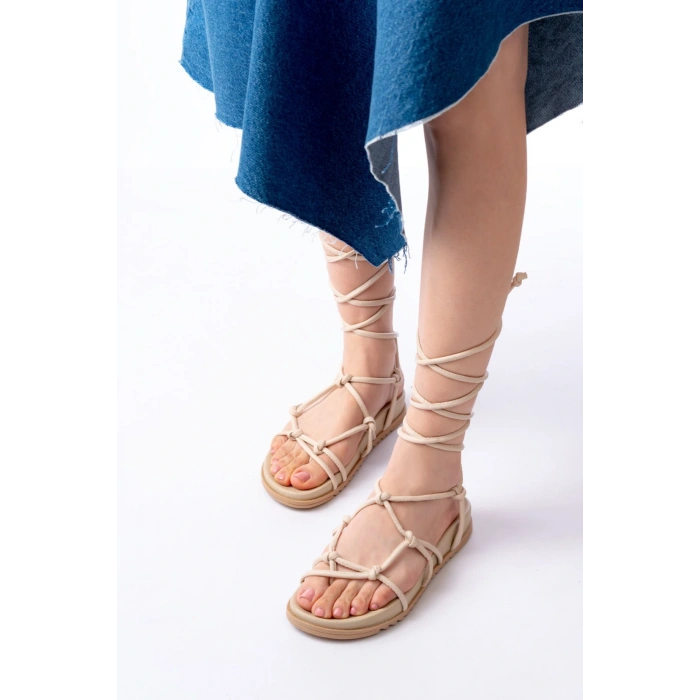 1001-1001 Bej Bilekten Bağcıklı Kadın Sandalet