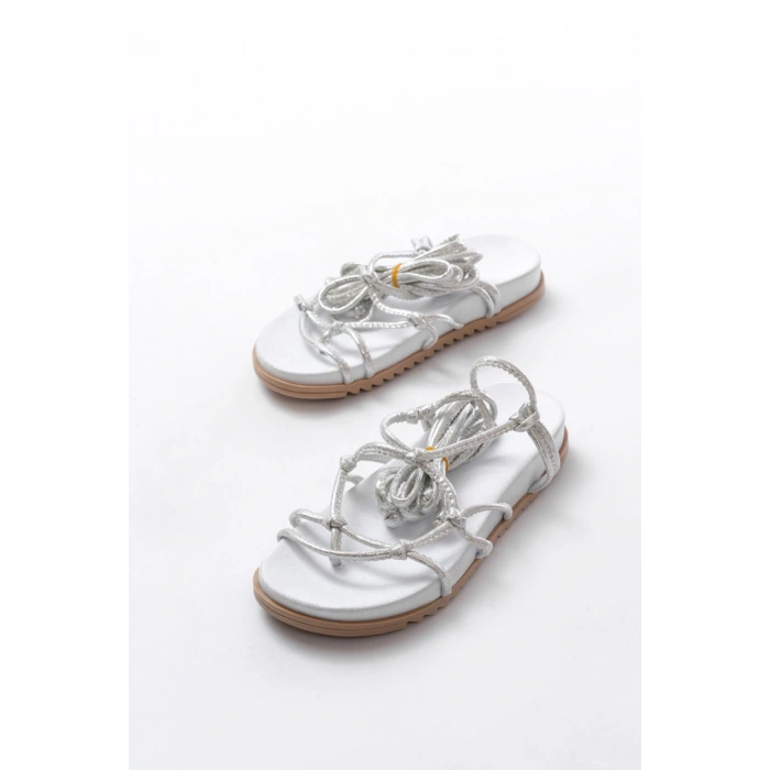1001-1001 Beyaz Gümüş  Bilekten Bağcıklı Kadın Sandalet