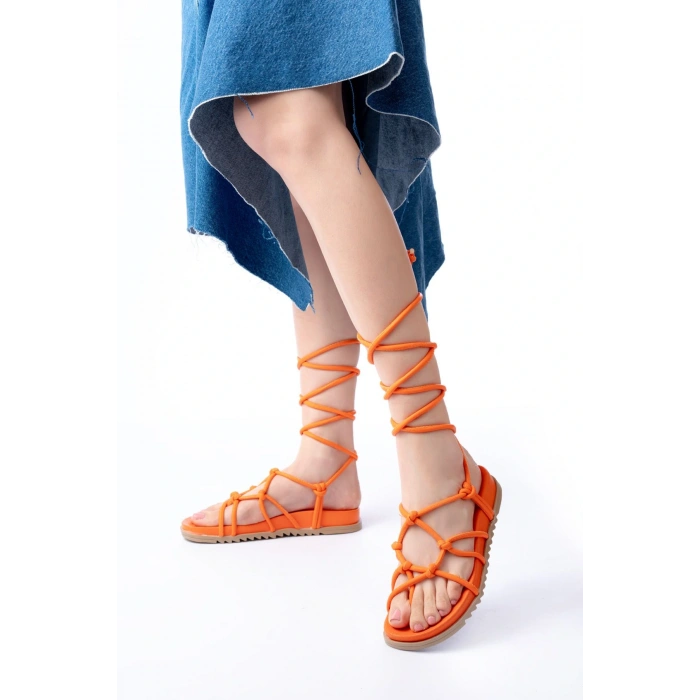 1001-1001 Orange Bilekten Bağcıklı Kadın Sandalet