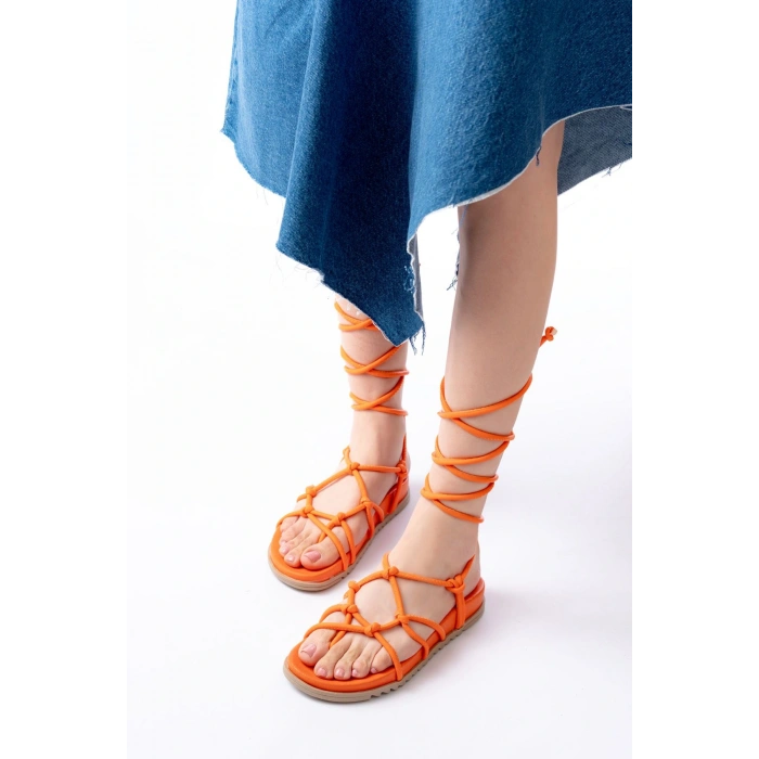 1001-1001 Orange Bilekten Bağcıklı Kadın Sandalet