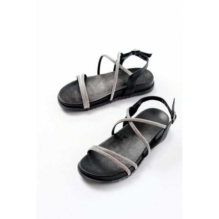 1001-1105 Siyah Gümüş Taşlı Günlük Kadın Sandalet