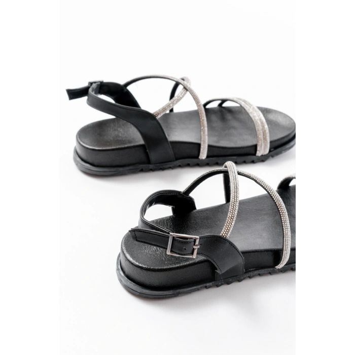 1001-1105 Siyah Gümüş Taşlı Günlük Kadın Sandalet