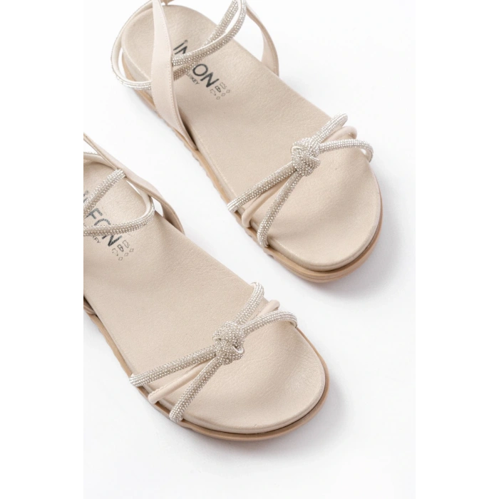 1001-1120 Bej Gümüş Taşlı Günlük Kadın Sandalet
