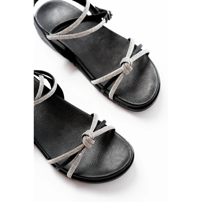 1001-1120 Siyah Gümüş Taşlı Günlük Kadın Sandalet