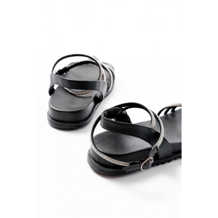 1001-1120 Siyah Gümüş Taşlı Günlük Kadın Sandalet