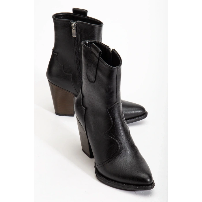 117 Siyah Kovboy Dikiş Detaylı Fermuarlı  Yüksek Topuklu Günlük Kadın Bot