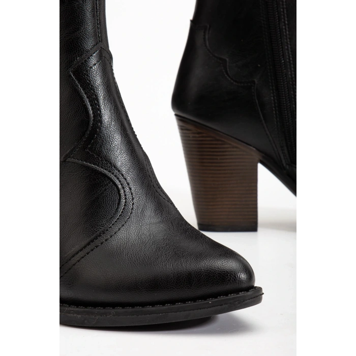 117 Siyah Kovboy Dikiş Detaylı Fermuarlı  Yüksek Topuklu Günlük Kadın Bot