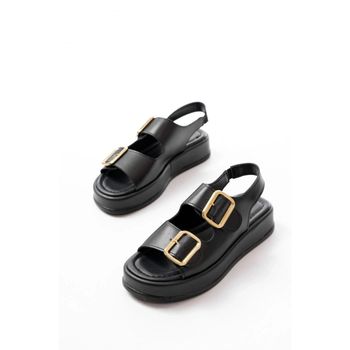 1187 Siyah Dolgu Topuk Lastik Baretli  Kadın Sandalet