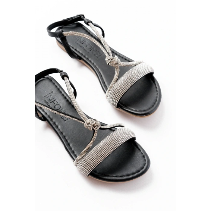 152-1104 Siyah Gümüş Taşlı Günlük Kadın Sandalet