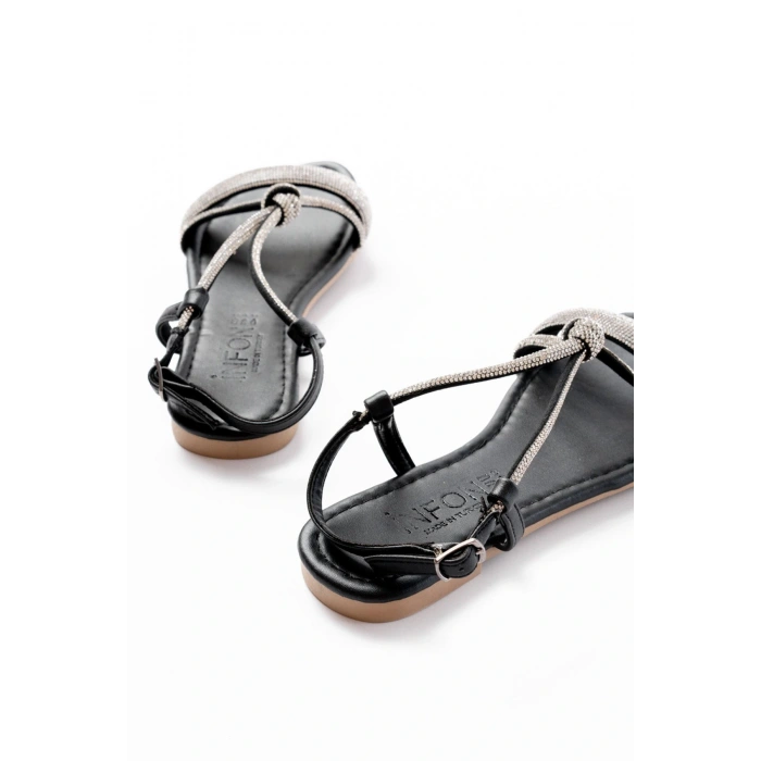 152-1104 Siyah Gümüş Taşlı Günlük Kadın Sandalet