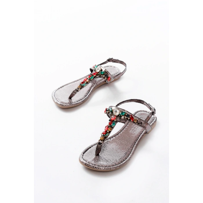 152-1110 Platin Multi  Taşlı Parmak Arası Kadın Sandalet