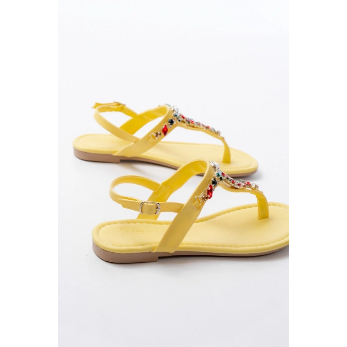 152-1110 Sarı Multi Taşlı Parmak Arası Kadın Sandalet
