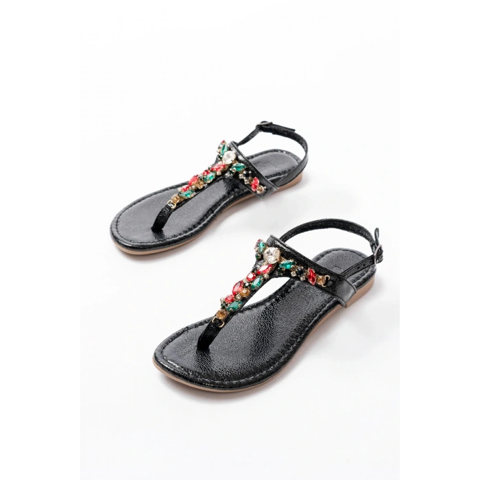 152-1110 Siyah Multi Cam Kırığı Taşlı Parmak Arası Kadın Sandalet