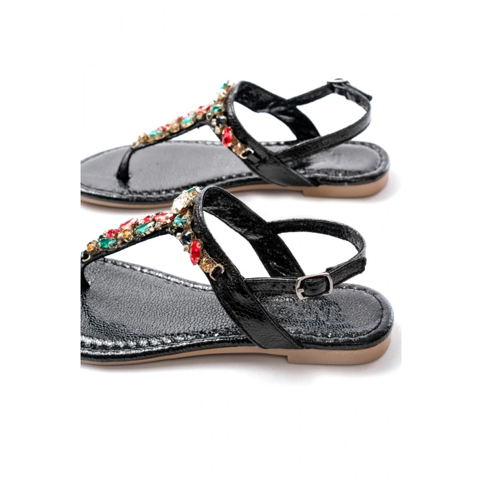 152-1110 Siyah Multi Cam Kırığı Taşlı Parmak Arası Kadın Sandalet