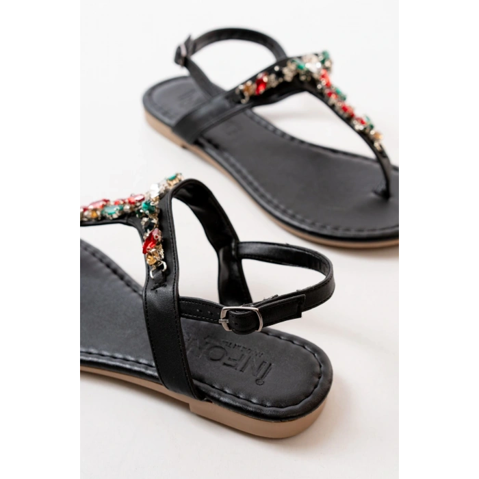 152-1110 Siyah Multi Taşlı Parmak Arası Kadın Sandalet