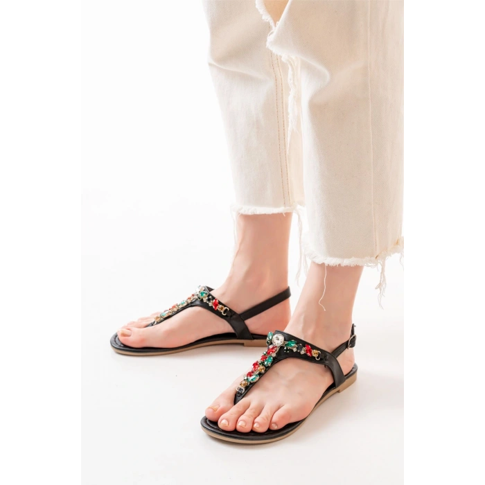 152-1110 Siyah Multi Taşlı Parmak Arası Kadın Sandalet