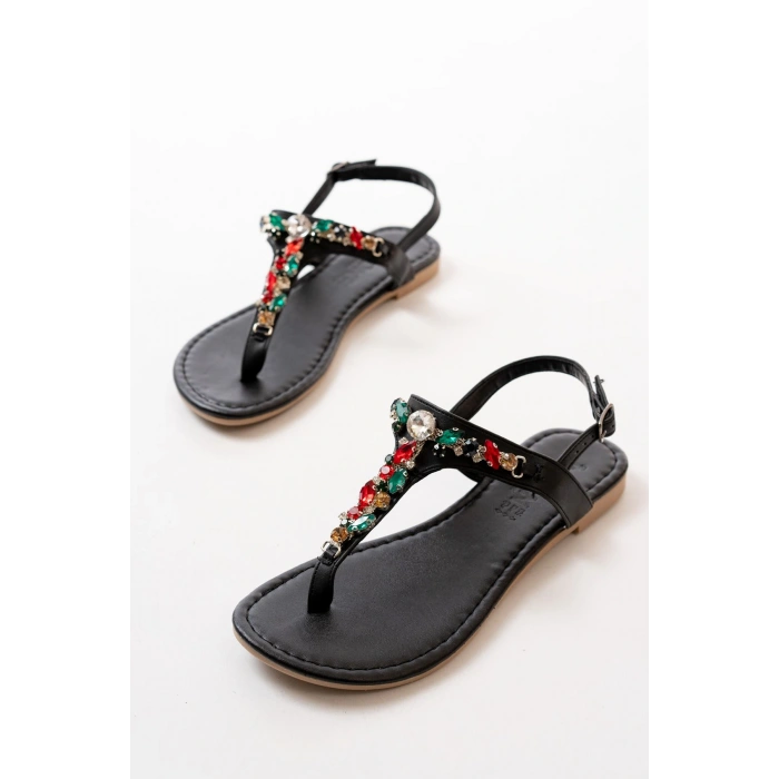 152-1110 Siyah Multi Taşlı Parmak Arası Kadın Sandalet