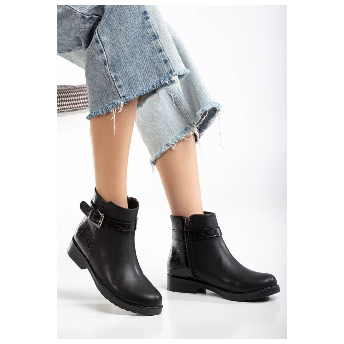 165-204/1 Siyaha Kroko Toka Aksesuarlı Fermuarlı Günlük Kadın Bot